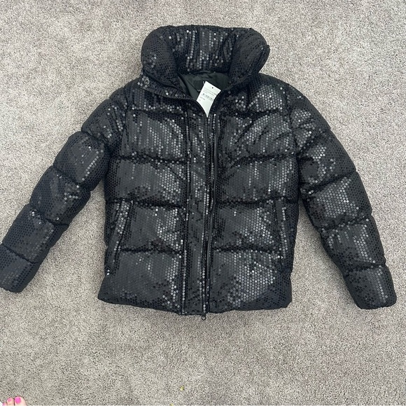 NWT Unreal Fur Black Sequin Puffer Jacket Front Zip High Collar Sz XS - Picture 2 of 16